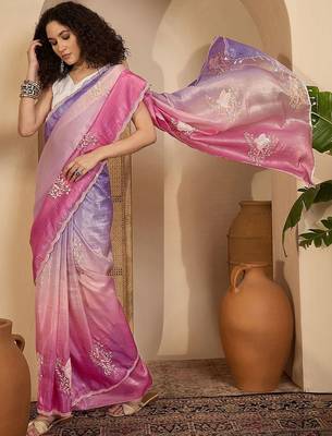 Purple ombre embroidered sarees with scallop border tassels & blouse piece 5
