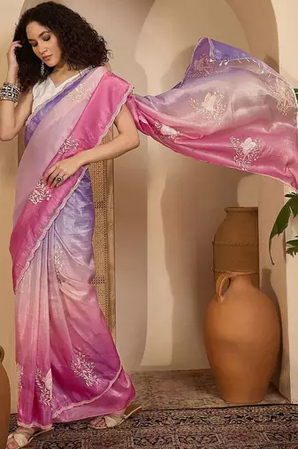 Purple ombre embroidered sarees with scallop border tassels & blouse piece