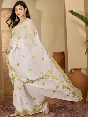 White embroidered chiffon saree 2