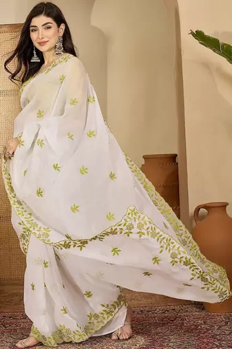 White embroidered chiffon saree