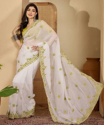 White embroidered chiffon saree 3