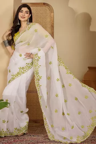 White embroidered chiffon saree