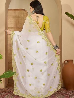 White embroidered chiffon saree 4
