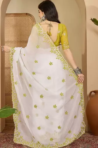 White embroidered chiffon saree