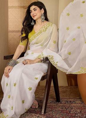 White embroidered chiffon saree 5