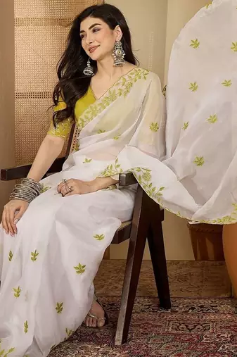 White embroidered chiffon saree