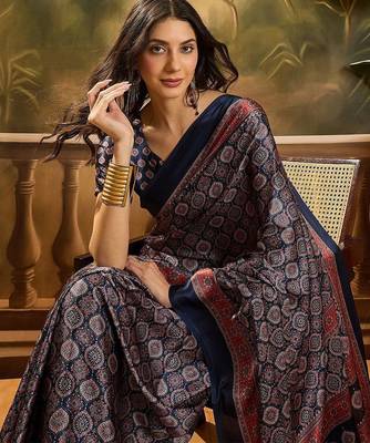 Navy blue women printed ajrakh saree with blousepiece 1
