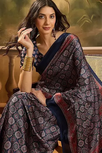Navy blue women printed ajrakh saree with blousepiece