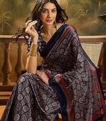 Navy blue women printed ajrakh saree with blousepiece