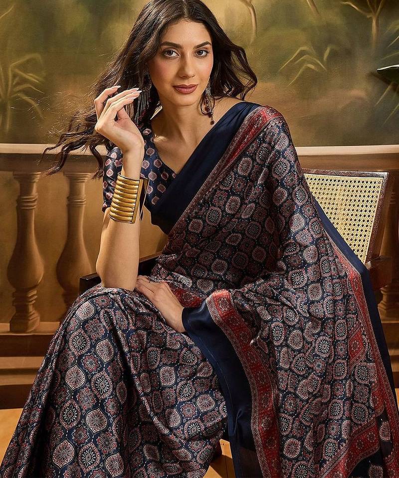 Navy blue women printed ajrakh saree with blousepiece
