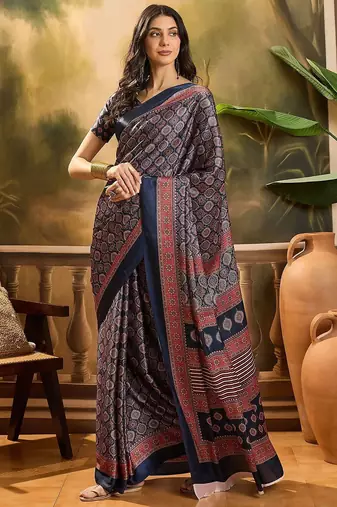 Navy blue women printed ajrakh saree with blousepiece