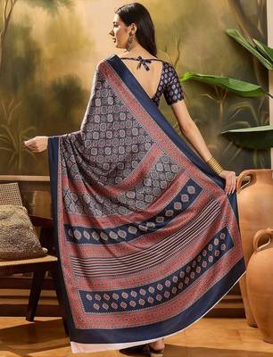 Navy blue women printed ajrakh saree with blousepiece 3