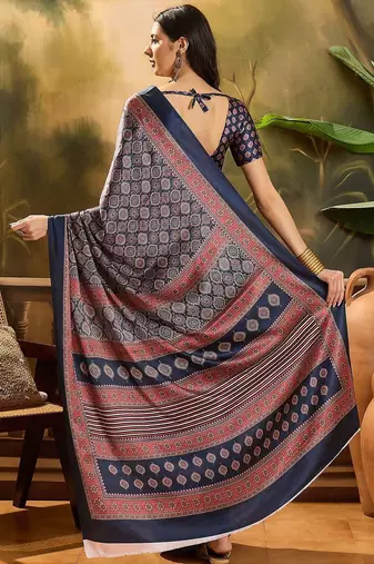 Navy blue women printed ajrakh saree with blousepiece