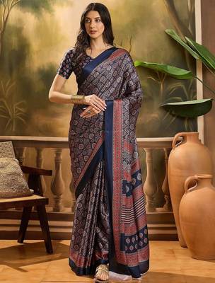 Navy blue women printed ajrakh saree with blousepiece 4