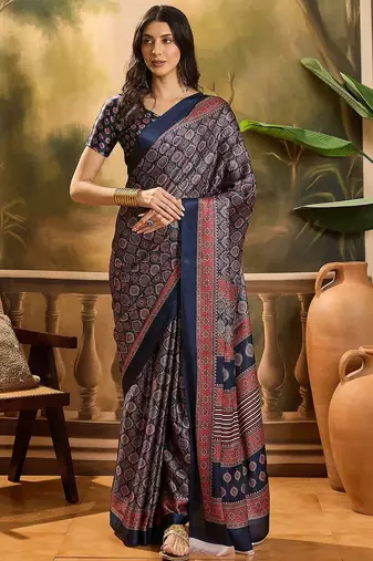 Navy blue women printed ajrakh saree with blousepiece