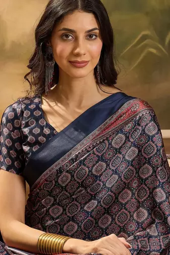 Navy blue women printed ajrakh saree with blousepiece