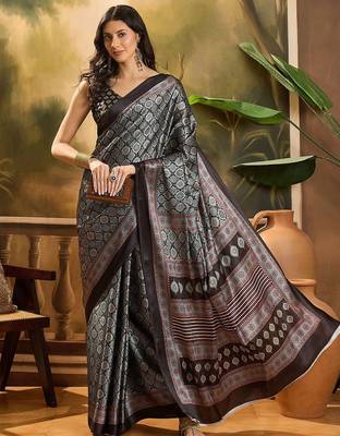 Black printed ajrakh saree with blouse piece 1