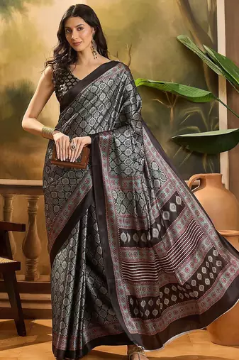 Black printed ajrakh saree with blouse piece