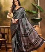 Black printed ajrakh saree with blouse piece