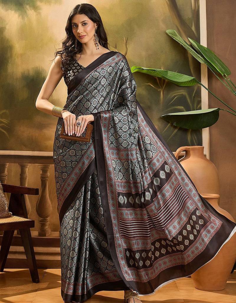 Black printed ajrakh saree with blouse piece