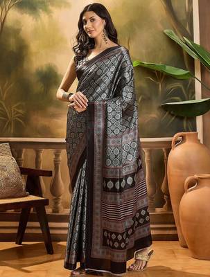 Black printed ajrakh saree with blouse piece 2