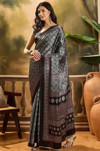Black printed ajrakh saree with blouse piece