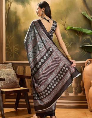Black printed ajrakh saree with blouse piece 3