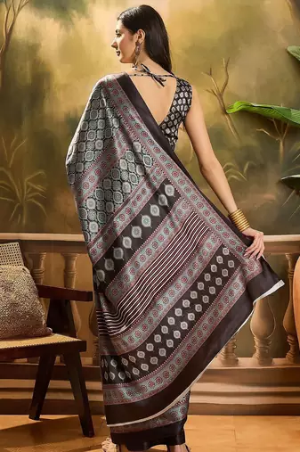 Black printed ajrakh saree with blouse piece