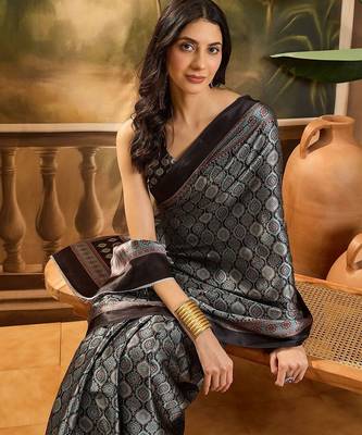 Black printed ajrakh saree with blouse piece 4