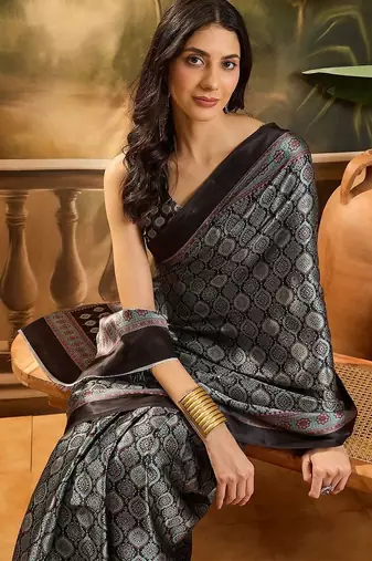 Black printed ajrakh saree with blouse piece