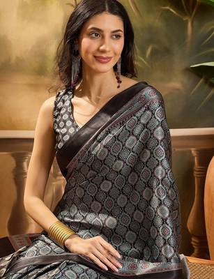 Black printed ajrakh saree with blouse piece 5