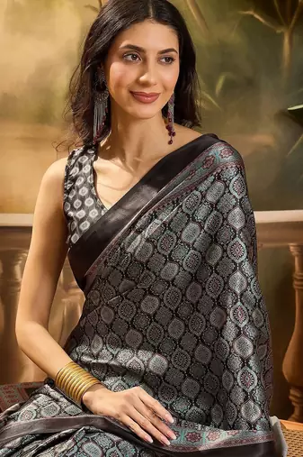 Black printed ajrakh saree with blouse piece