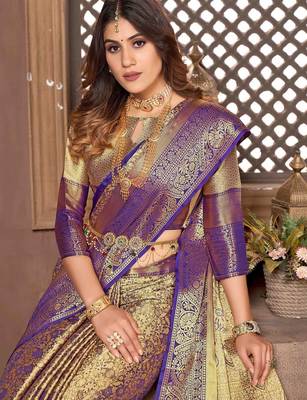 Purple zari art silk designer dharmavaram saree 3