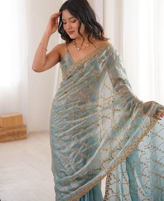 Blue embellished zari tissue designer saree 2