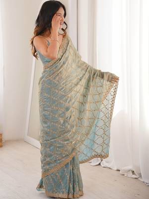 Blue embellished zari tissue designer saree 3