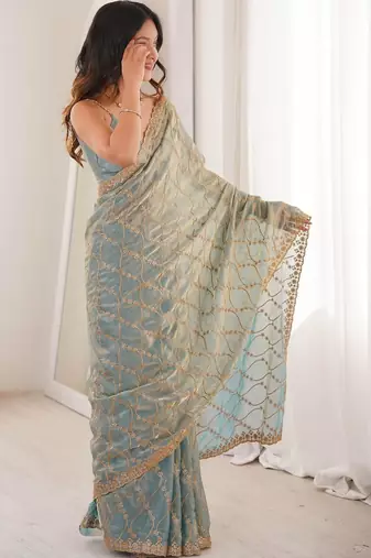 Blue embellished zari tissue designer saree
