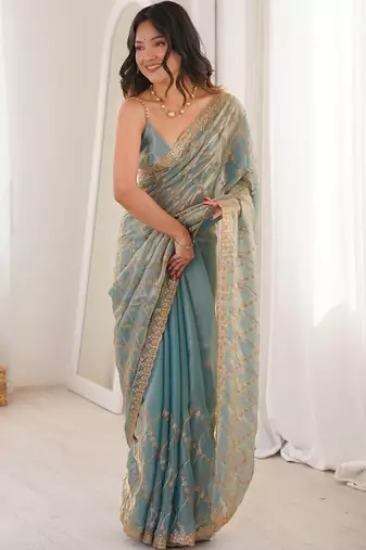 Blue embellished zari tissue designer saree