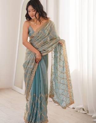 Blue embellished zari tissue designer saree 5