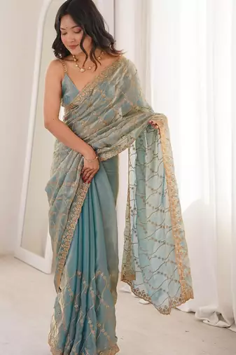 Blue embellished zari tissue designer saree