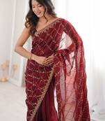 Maroon embellished zari tissue heavy work saree