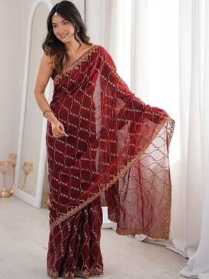 Maroon embellished zari tissue heavy work saree 2