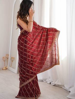 Maroon embellished zari tissue heavy work saree 3