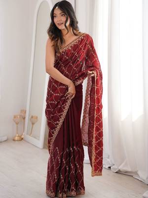 Maroon embellished zari tissue heavy work saree 4