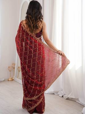 Maroon embellished zari tissue heavy work saree 5