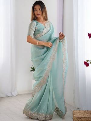 Green tissue silk sequence embroideried border blouse piece & sarees 1