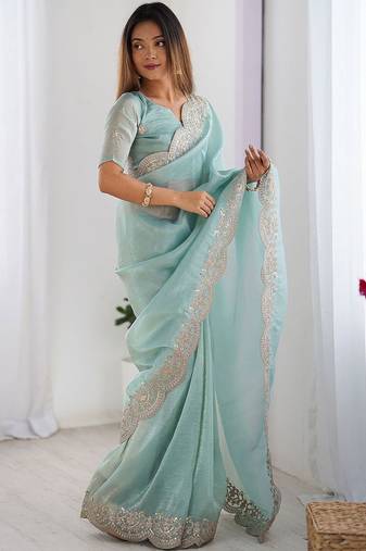 Green tissue silk sequence embroideried border blouse piece & sarees