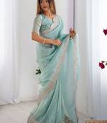 Green tissue silk sequence embroideried border blouse piece & sarees