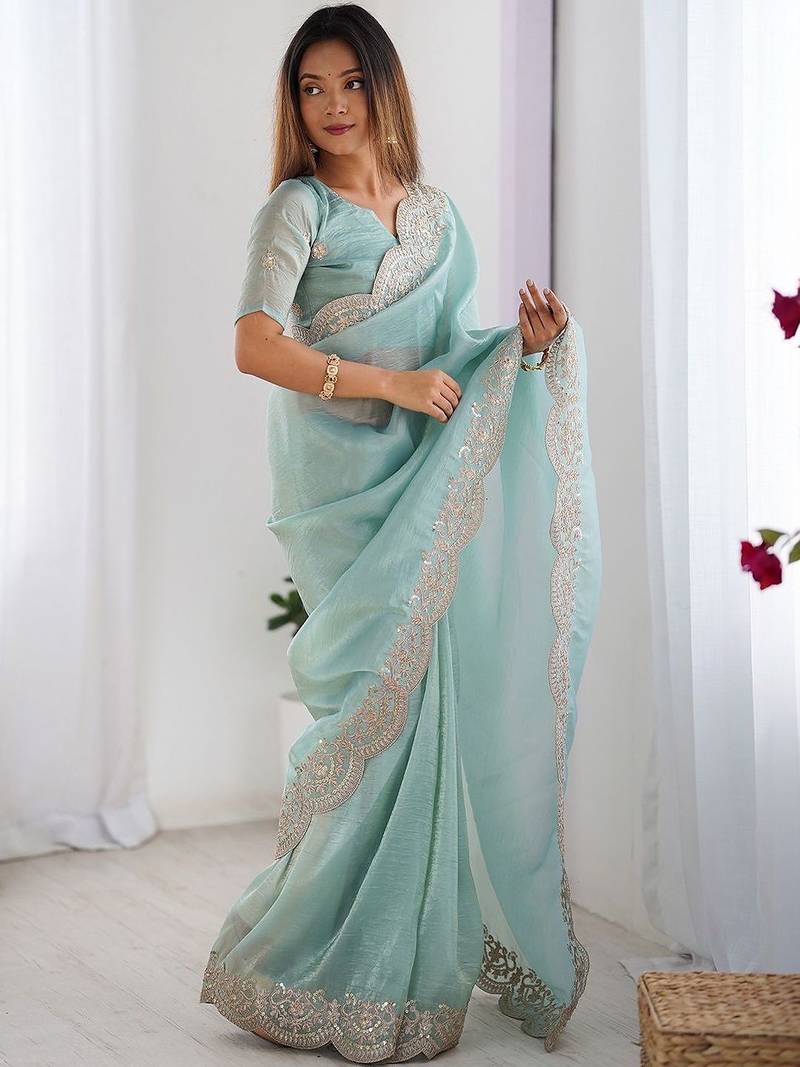 Green tissue silk sequence embroideried border blouse piece & sarees