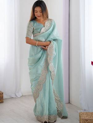 Green tissue silk sequence embroideried border blouse piece & sarees 2