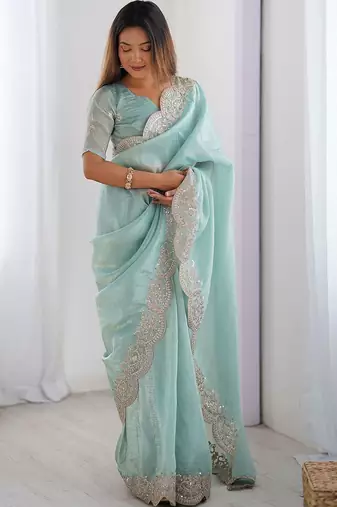 Green tissue silk sequence embroideried border blouse piece & sarees